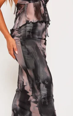 Black Abstract Print Mesh Low Rise Midaxi Skirt