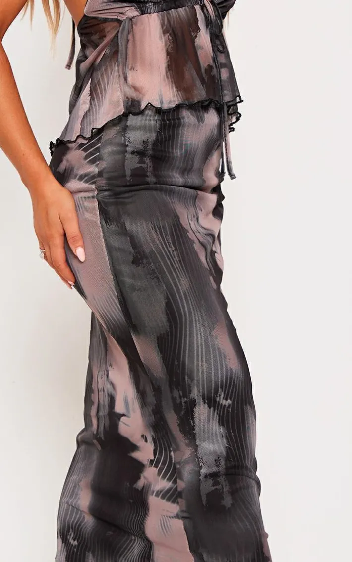 Black Abstract Print Mesh Low Rise Midaxi Skirt