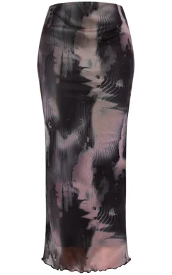 Black Abstract Print Mesh Low Rise Midaxi Skirt
