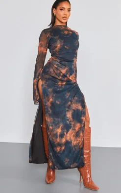 Black Abstract Print Mesh Flared Sleeve Midaxi Dress