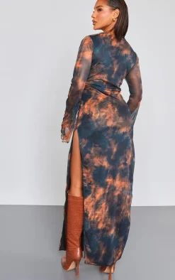 Black Abstract Print Mesh Flared Sleeve Midaxi Dress