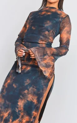 Black Abstract Print Mesh Flared Sleeve Midaxi Dress