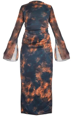 Black Abstract Print Mesh Flared Sleeve Midaxi Dress