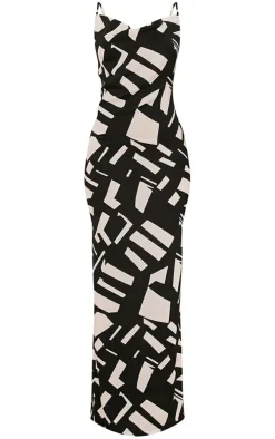 Black Abstract Print Satin Cowl Neck Maxi Dress