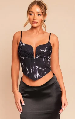Black Abstract Printed Strappy Pleated Bust Corset Detail Crop Top