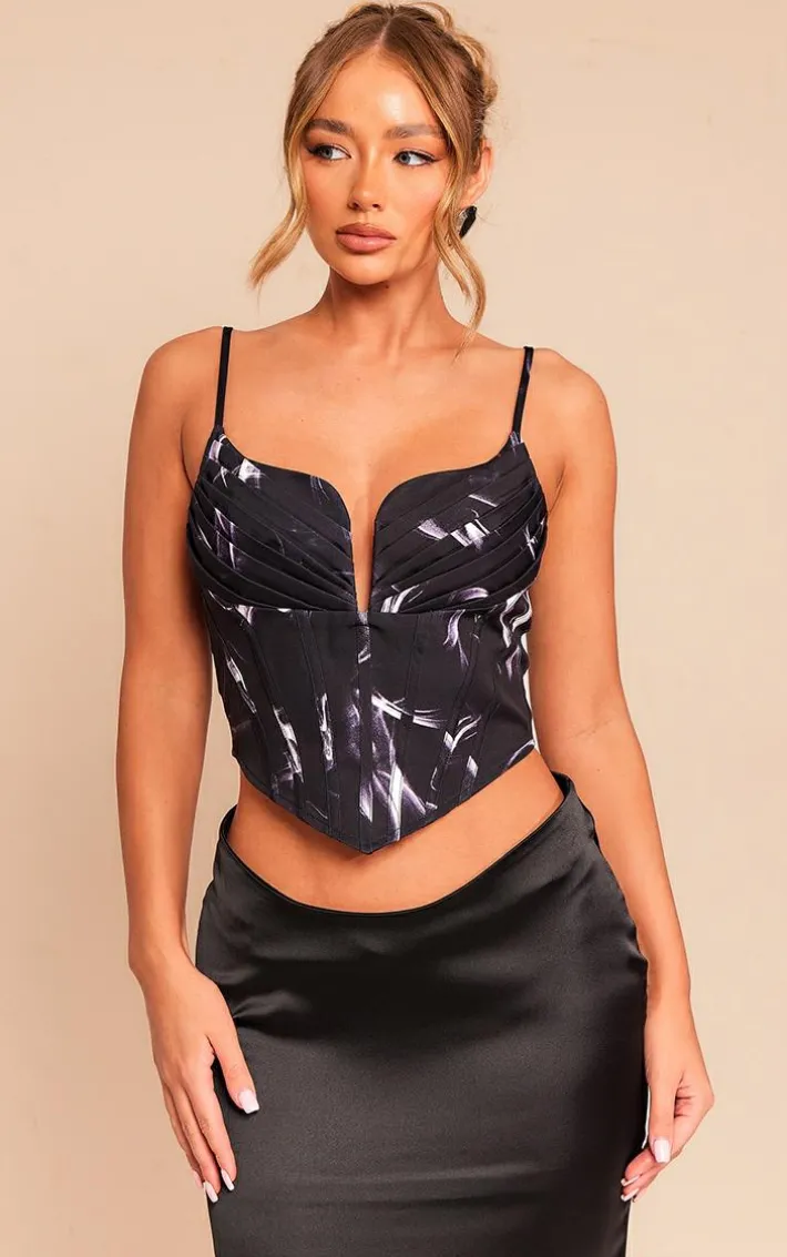 Black Abstract Printed Strappy Pleated Bust Corset Detail Crop Top