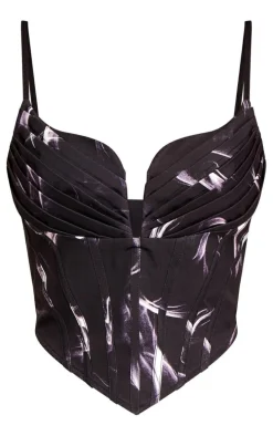 Black Abstract Printed Strappy Pleated Bust Corset Detail Crop Top