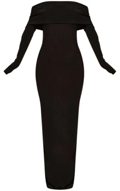 Black Acetate Slinky Bardot Long Sleeve Maxi Dress