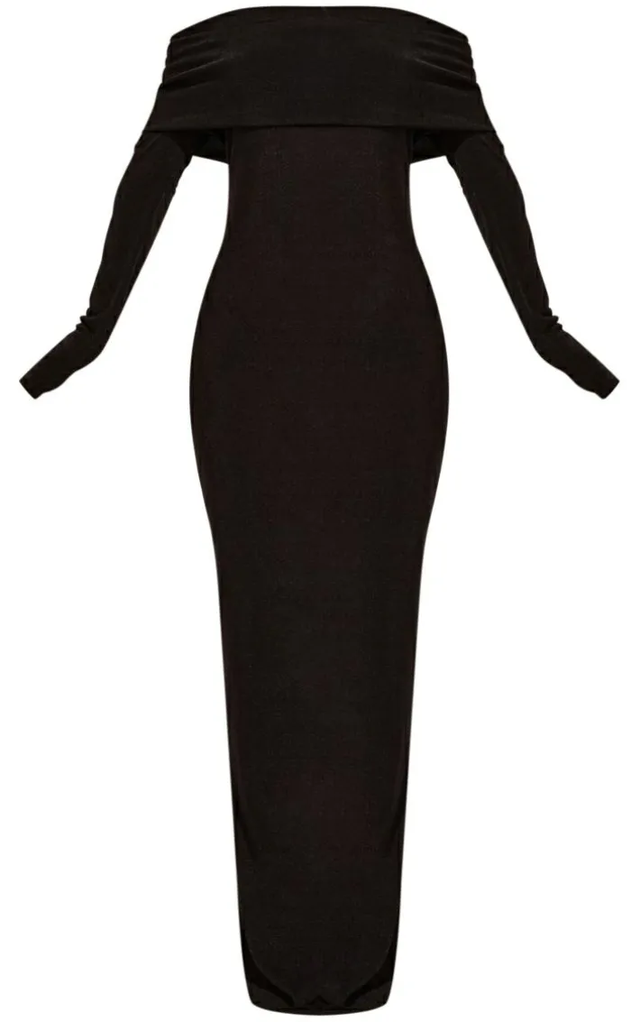 Black Acetate Slinky Bardot Long Sleeve Maxi Dress
