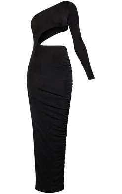 Black Acetate Slinky Cut Out One Shoulder Maxi Dress
