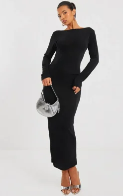 Black Acetate Slinky Long Sleeve Slash Neck Open Back Maxi Dress