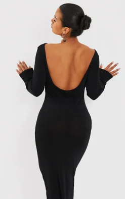 Black Acetate Slinky Long Sleeve Slash Neck Open Back Maxi Dress