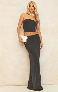 Black Acetate Slinky Low Rise Maxi Skirt