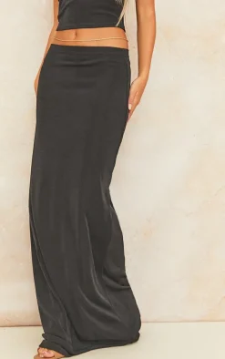 Black Acetate Slinky Low Rise Maxi Skirt