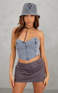 Black Acid Wash Seam Front Bandeau Denim Corset