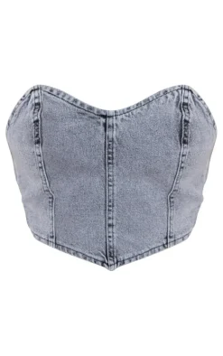 Black Acid Wash Seam Front Bandeau Denim Corset