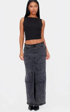 Black Acid Wash Twill Raw Hem Maxi Skirt