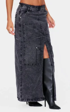 Black Acid Wash Twill Raw Hem Maxi Skirt