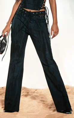 Black Acid Wash V Waistband Lace Up Detail Jeans