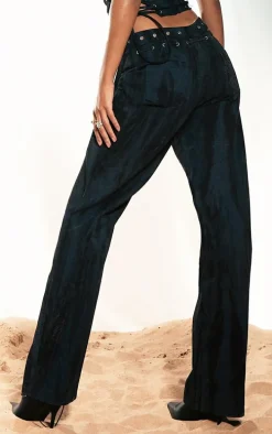 Black Acid Wash V Waistband Lace Up Detail Jeans