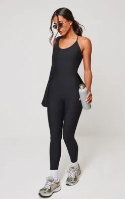 Black Active Rib Long Gym Unitard