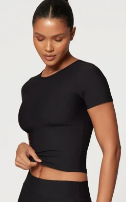 Black Active Rib Short Sleeve Gym Top