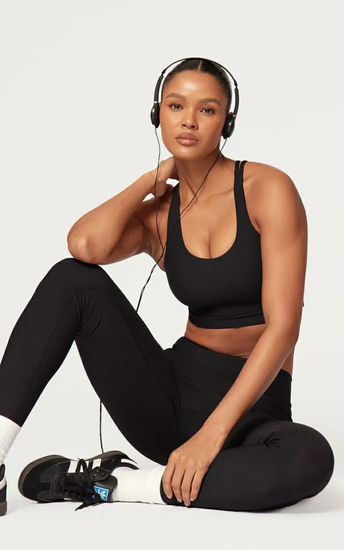 Black Active Rib Strappy Back Sports Bra