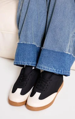 Black and Cream Pu Contrast Panel Lace Up Sneakers