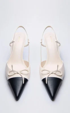 Black and Cream Pu Point Toe Bow Detail High Stiletto Court Heels