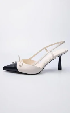 Black and Cream Pu Point Toe Bow Detail High Stiletto Court Heels