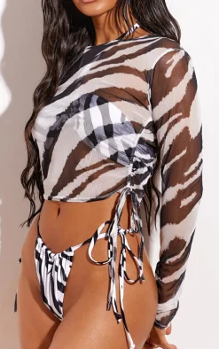 Black And White Zebra Mesh Ruched Beach Top