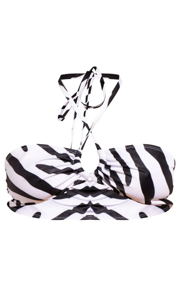 Black and White Zebra Print Halter Neck Bikini Top
