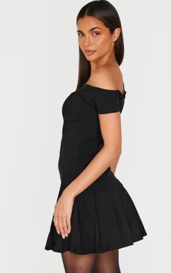Black Asymmetric Bengaline Pleated Shift Dress