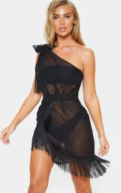 Black Asymmetric Fringe Beach Dress