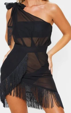 Black Asymmetric Fringe Beach Dress