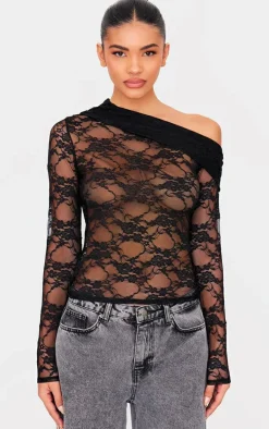 Black Asymmetric Lace Detail Long Sleeve Top