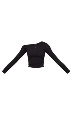 Black Asymmetric Neck Rib Long Sleeve Top