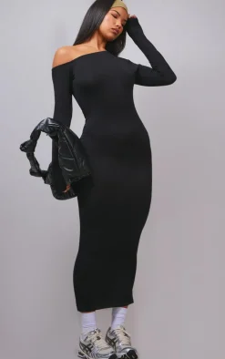 Black Asymmetric Neck Split Detail Maxi Dress