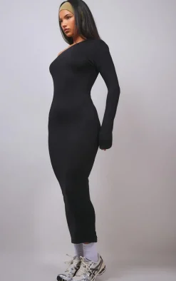 Black Asymmetric Neck Split Detail Maxi Dress