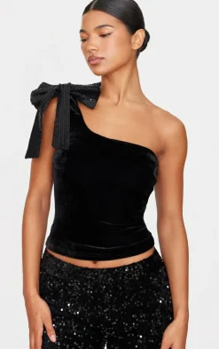 Black Asymmetric Velvet Sequin Bow Detail Long Top