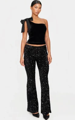 Black Asymmetric Velvet Sequin Bow Detail Long Top