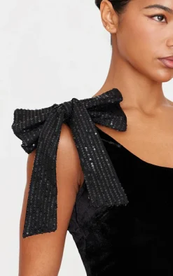 Black Asymmetric Velvet Sequin Bow Detail Long Top