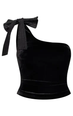 Black Asymmetric Velvet Sequin Bow Detail Long Top