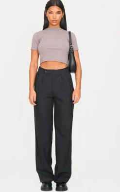 Black Asymmetric Waistband Straight Leg Woven Pant