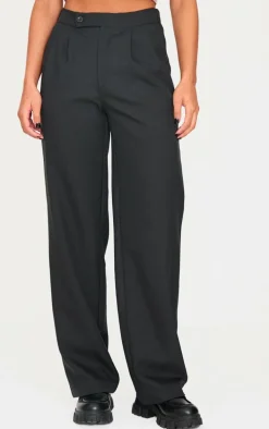 Black Asymmetric Waistband Straight Leg Woven Pant