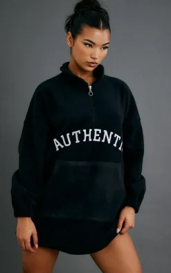 Black Authentic Graphic Half Zip Fleece Sweater Dress