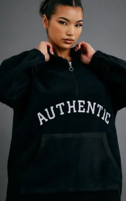 Black Authentic Graphic Half Zip Fleece Sweater Dress