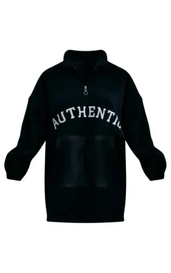 Black Authentic Graphic Half Zip Fleece Sweater Dress