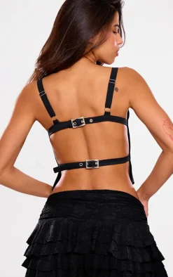 Black Backless Buckle Detail Crop Top