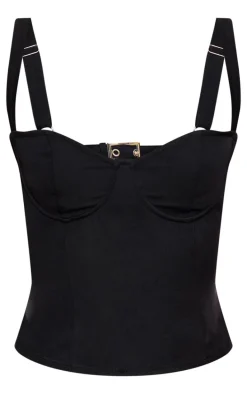 Black Backless Buckle Detail Crop Top